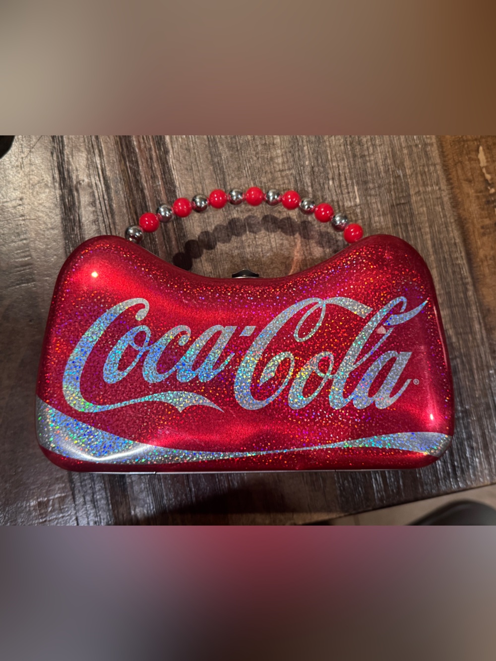 Coca Cola Red Glitter Beaded Handle Women’s Clutch